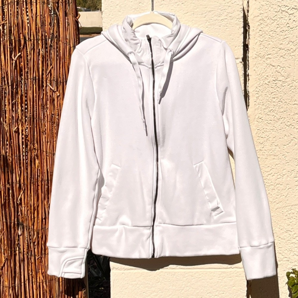 Womens XL White Full Zip Athletic Hoodie Plush Lined Stretch Jacket Thumbholes - Picture 1 of 8
